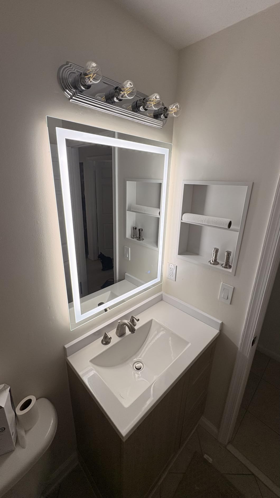 TETOTE LED Bathroom Mirror 22 x 30 Inch Lighted Bathroom Vanity Mirror with Lights, Brighter Frontlit and Backlit Light up Anti Fog Mirror, 3-Color Dimmable, Shatterproof Tempered Glass, Waterproof customer photo 2
