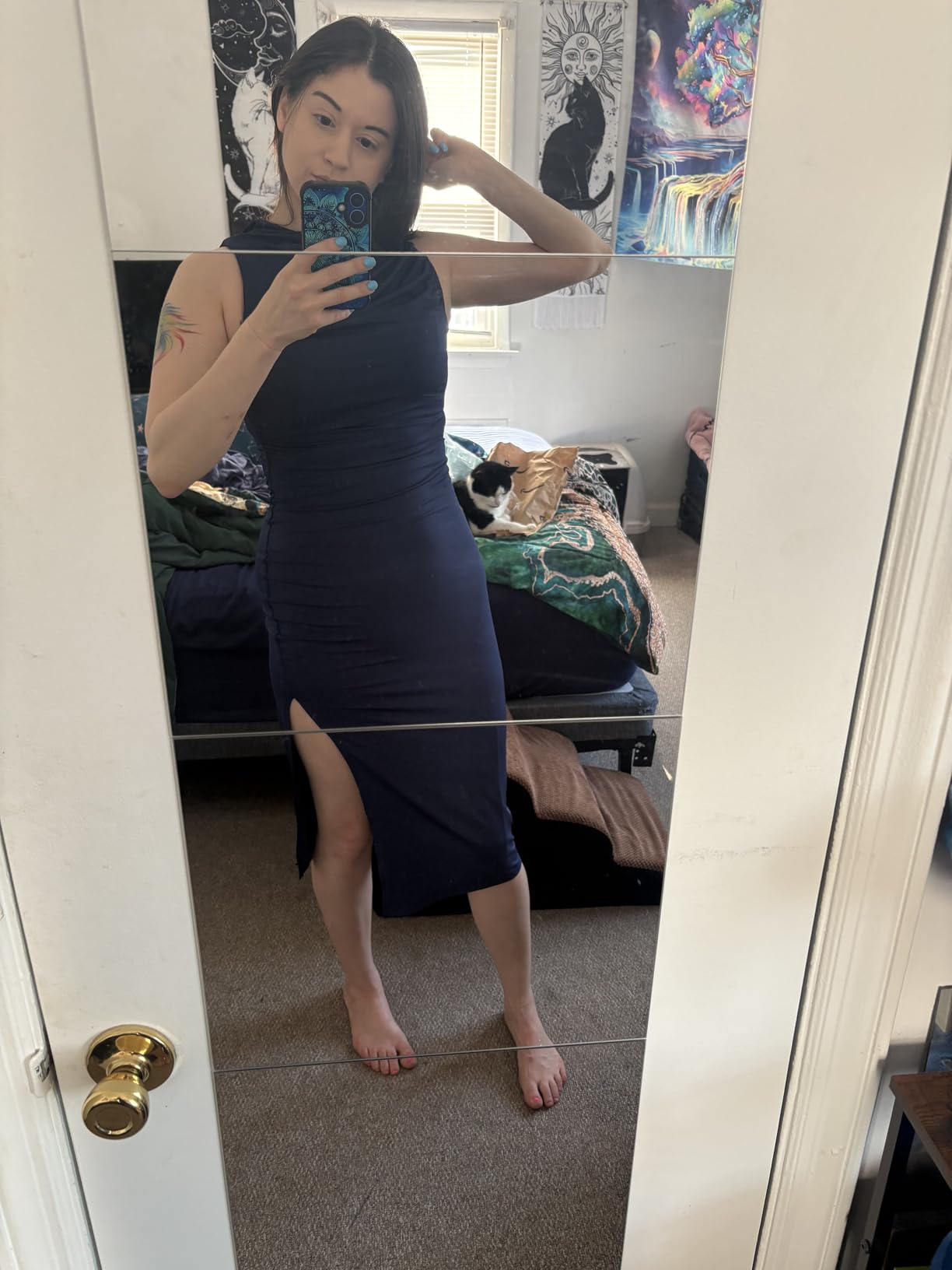 ihot Women's Mock Neck Ruched Bodycon Dress Sleeveless Side Slit Cocktail Party Midi Dresses customer photo 2