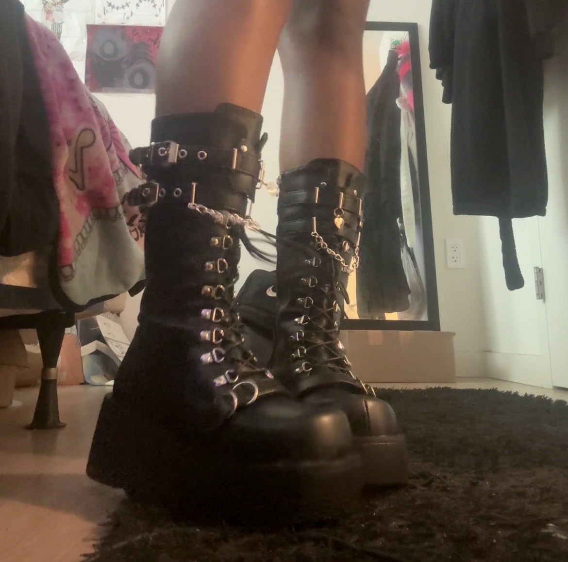 Women's Black Platform Boots Wedge Combat Gothic Chunky Heel Lace Up Mid Calf Punk Motorcycle Shoes customer photo 2