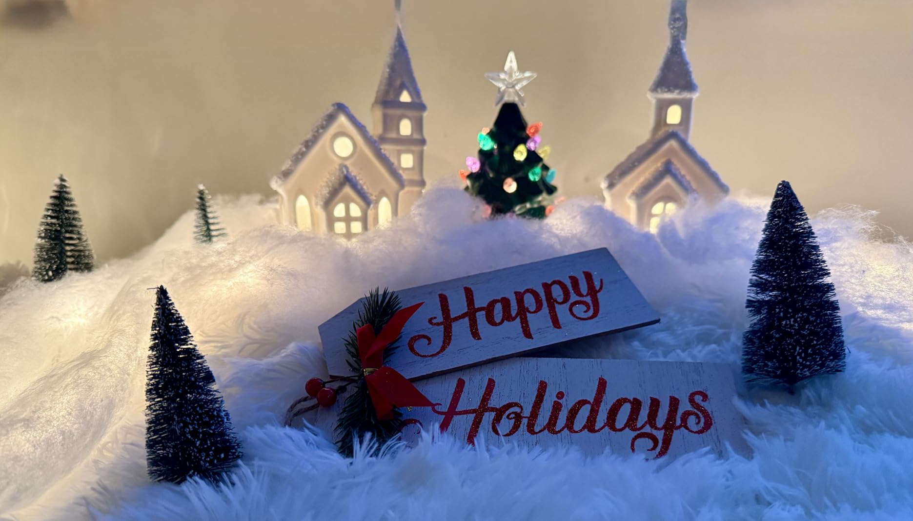 Christmas Village Sets-13 Pieces White Indoor Christmas Decorations | Includes Ceramic Village Houses set of 4 & 7 Trees & 2 Deer, Mantel & Shelf & Tabletop Decor customer photo 1