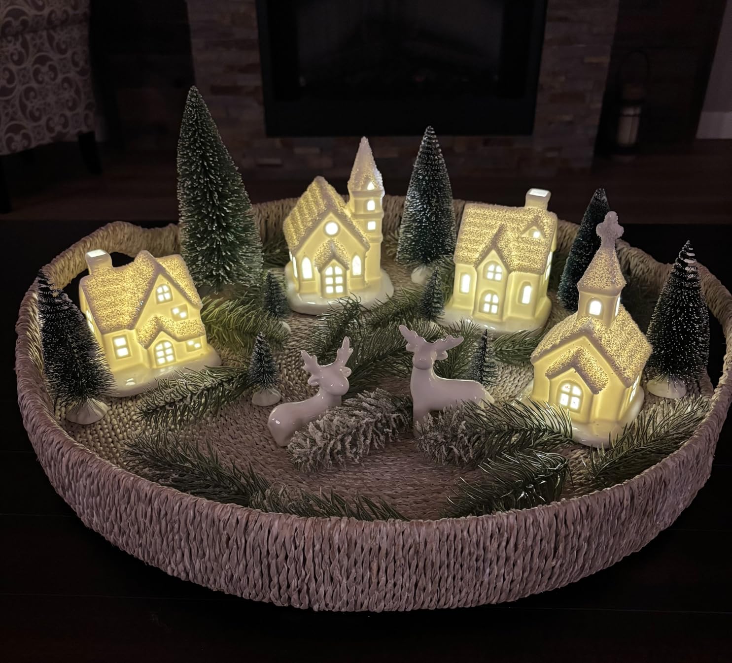 Christmas Village Sets-13 Pieces White Indoor Christmas Decorations | Includes Ceramic Village Houses set of 4 & 7 Trees & 2 Deer, Mantel & Shelf & Tabletop Decor customer photo 2