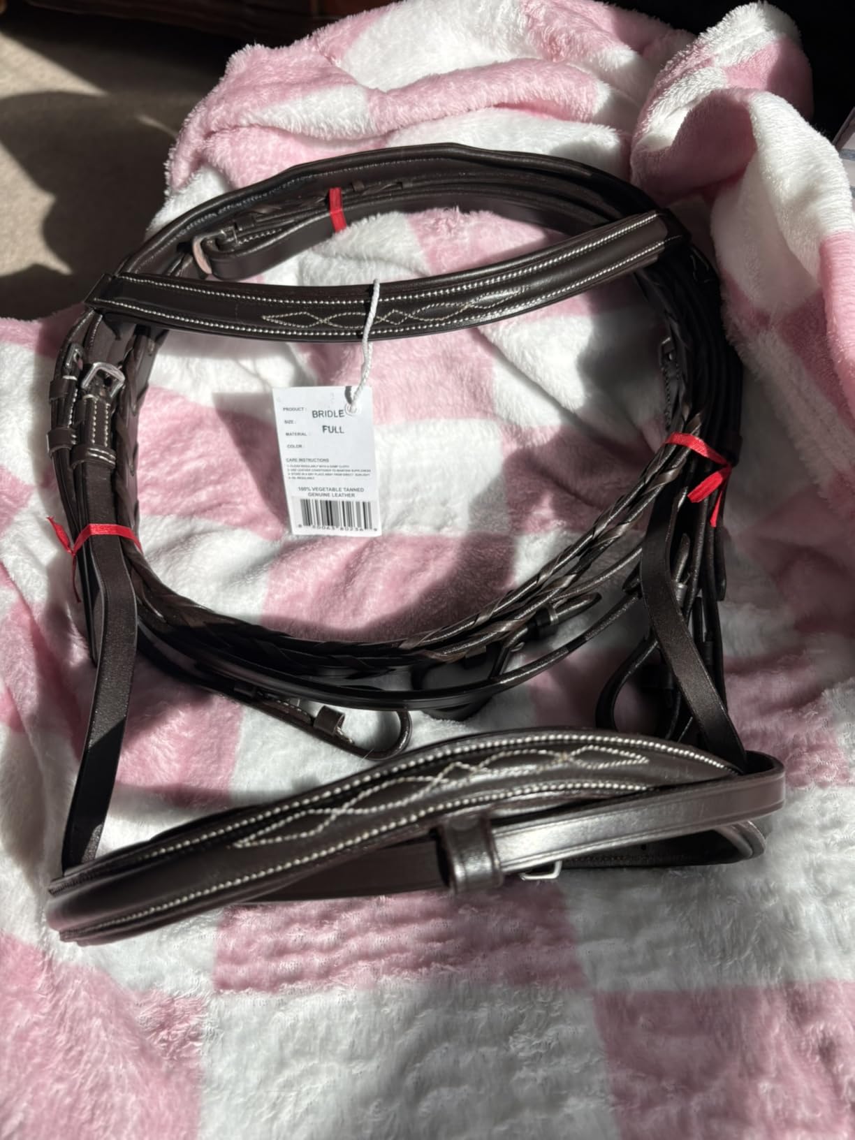 Equine Care English Horse Bridle with Reins, Padded, 6 Browband Styles | Hunter show bridles: classic fancy stitched or crystal browbands; padded crown, harness leather customer photo 1