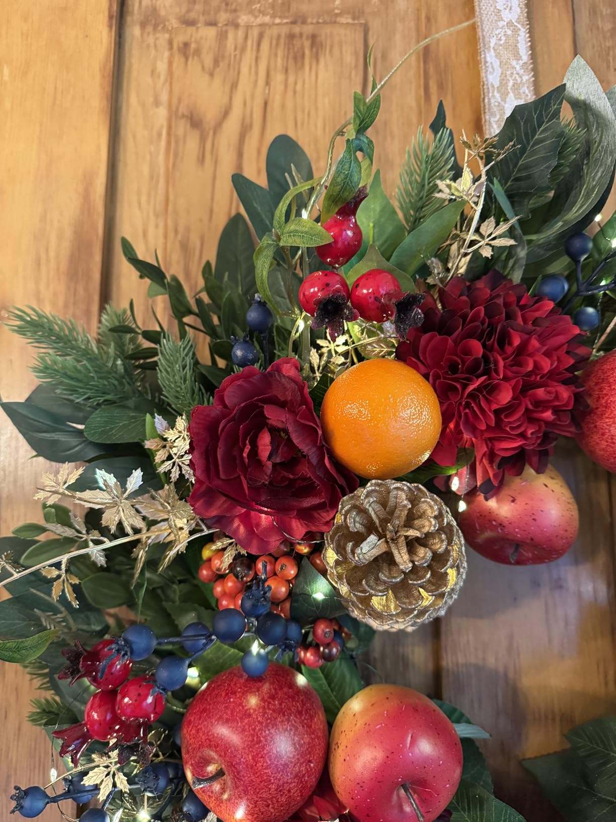 Christmas Wreaths for Front Door with Lights 24 Inch Christmas Wreath with Red Flowers, Apples, Oranges, Pine Cones, Berries and Greenery - Holiday Wreath Front Door Indoor Outdoor Winter Decor customer photo 1