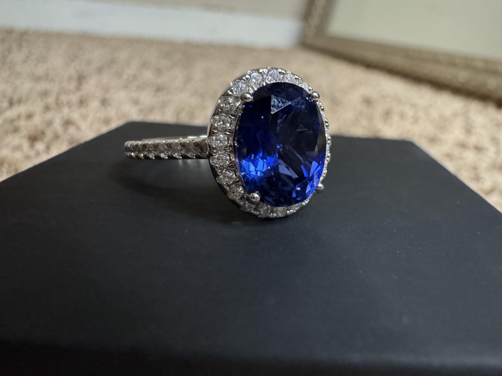 Certified 4CT Lab Grown Royal Blue Sapphire Ring, Sterling Silver | September Birthstone, Oval Halo, White Gold Plated, Hypoallergenic, Conflict-Free, Anniversary, Box & Certificate customer photo 2