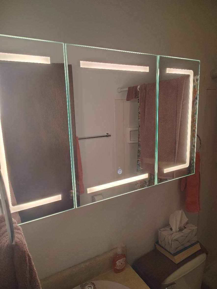 Hasuit Medicine Cabinet Organizer with Mirror, Lighted Bathroom Medicine Cabinet with Storage, 3 Doors Bathroom Wall Cabinet with LED Lights, Adjustable Shelves & Outlets, 31.5'' x 23.6'', White customer photo 1