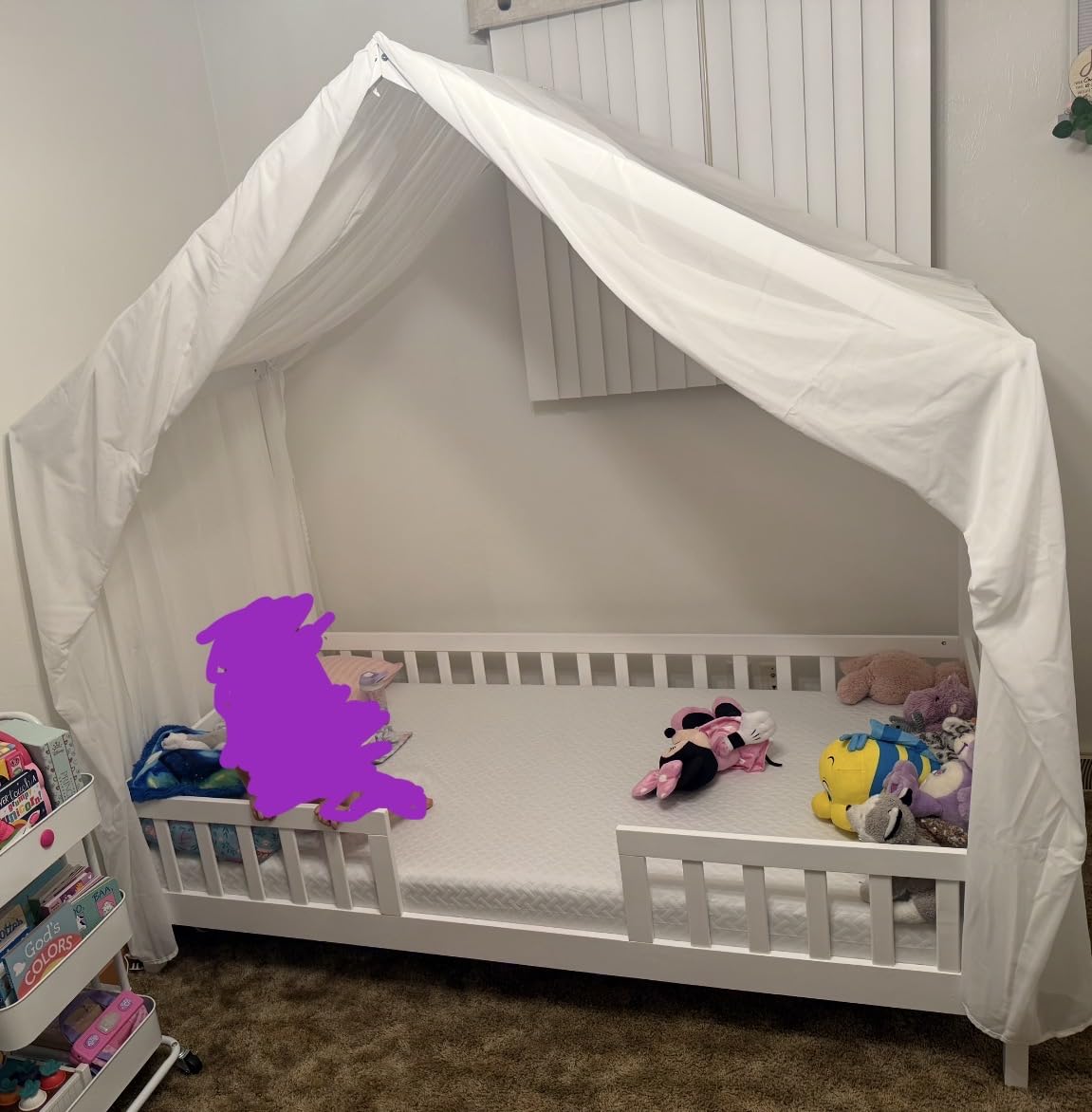 Twin Montessori House Bed with High Rails, Low Floor Bed Twin with Roof & Canopy, White customer photo 2