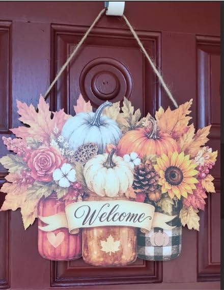Fall Door Decor Wooden Pumpkin Door Hanger, Welcome Sign for Front Door | Wooden pumpkin door hanger for front door, porch, wall, outdoor fall decor, and Thanksgiving autumn decorations customer photo 2