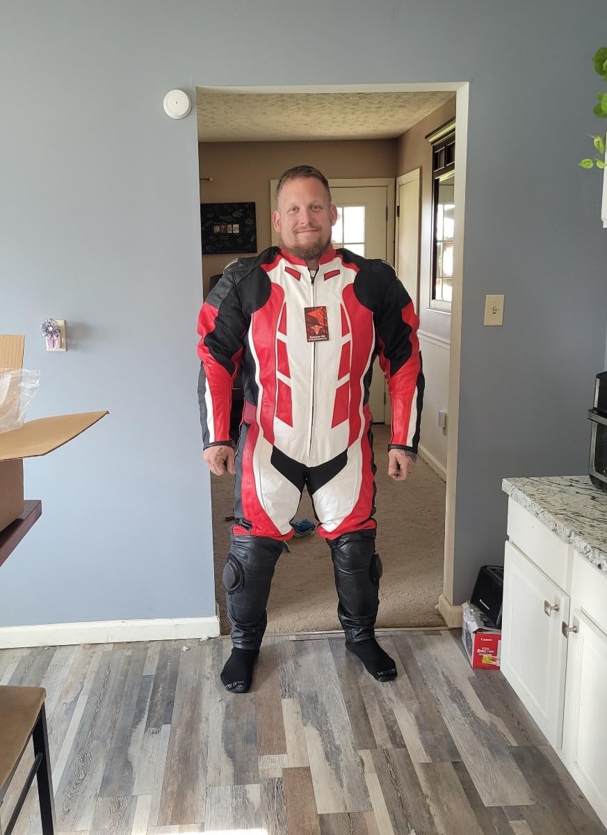 Motorcycle New Red/White One piece Track Racing Suit CE Approved Protection (XL) customer photo 1