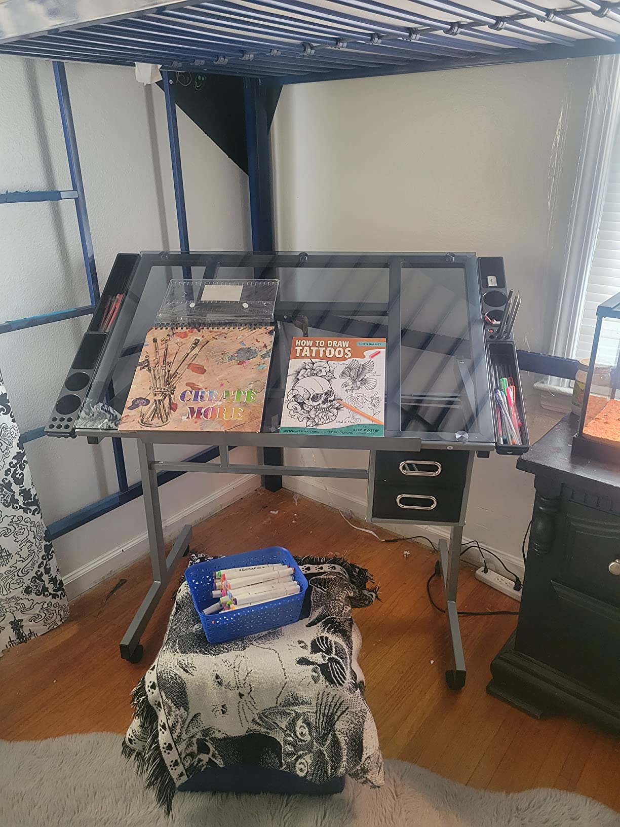 JupiterForce Adjustable Drafting Table Art Desk Drawing Table Versatile Art Craft Work Station Glass Tabletop w/2 Slide Drawers and Wheels for Reading, Writing, Painting Home Office customer photo 2