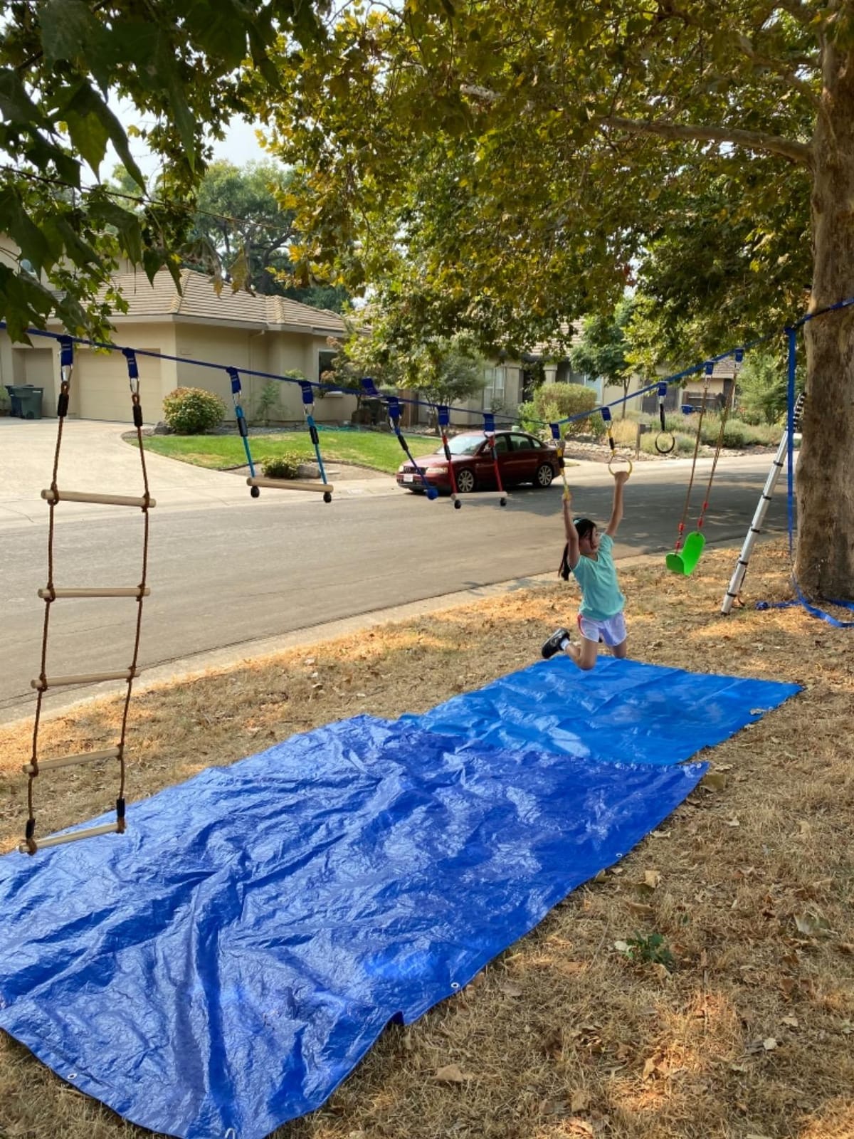 Ninja Warrior Obstacle Course for Kids,2×56ft Slackline Kit with 8 Ninja Accessories+Fast-Setup Buckles- Monkey Bar,Rope Ladder,Gymnastic Ring,Arm Trainer and Monkey Fist,Supports 880 lbs customer photo 2