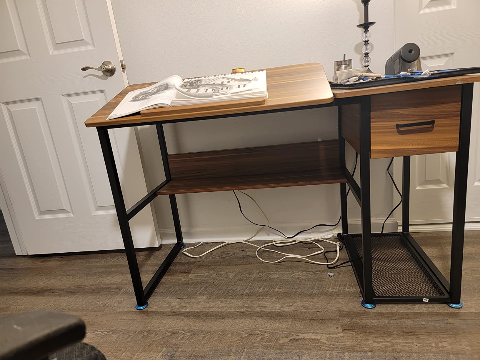 Tribesigns Drafting Table with Storage Drawers, Drawing Computer Desk Artist Craft Table Painting Desk Workstation with Shelves and Tiltable Tabletop for Students, Home Office customer photo 1