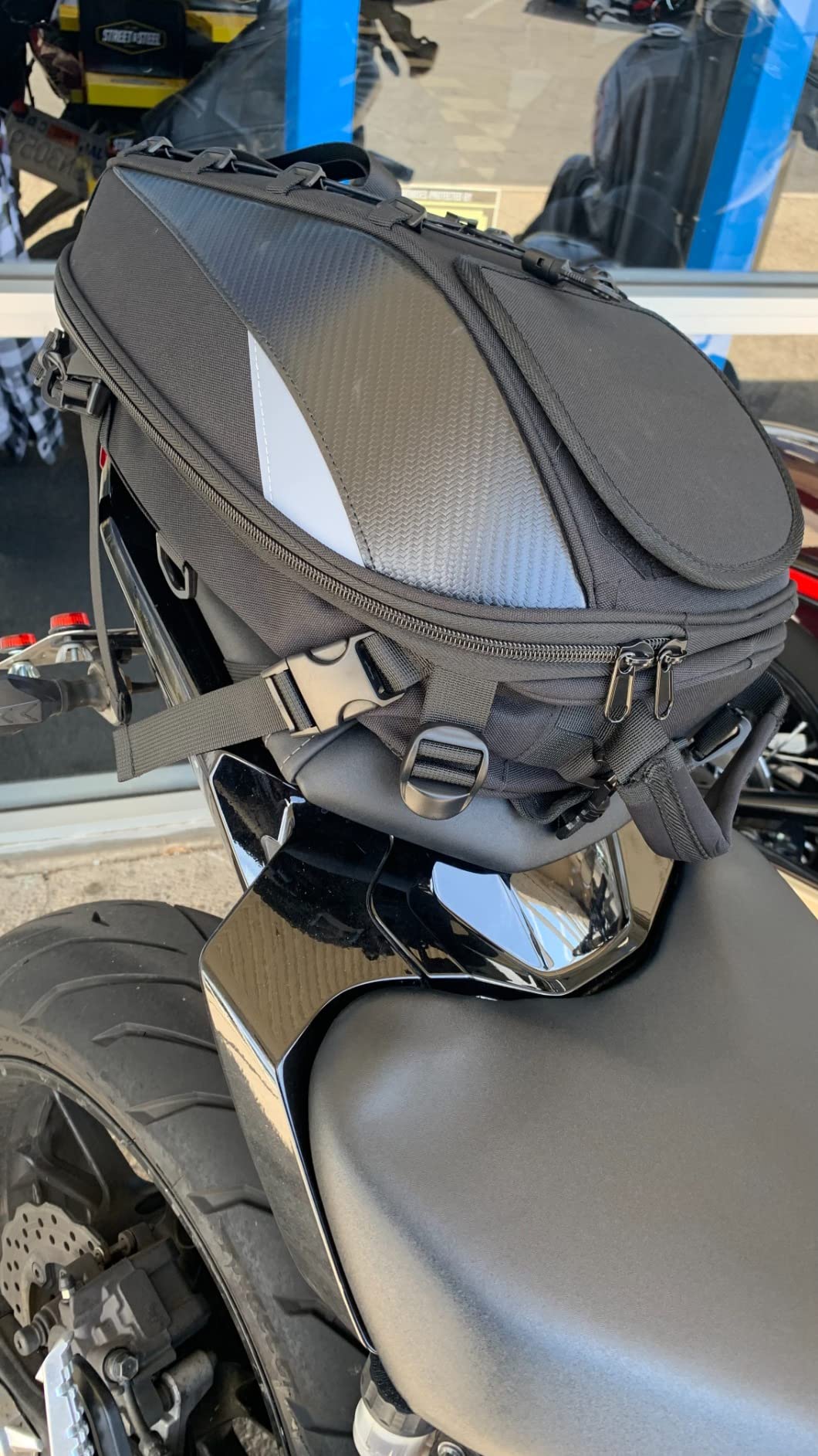 Motorcycle Tail Bag, Waterproof Seat Bag, Dual Use Backpack With Cargo Net | Expandable Helmet Bag with Rain Cover & Shoulder Strap, Multifunctional Storage Saddle Bag, Motorbike Luggage Tail Pack customer photo 1