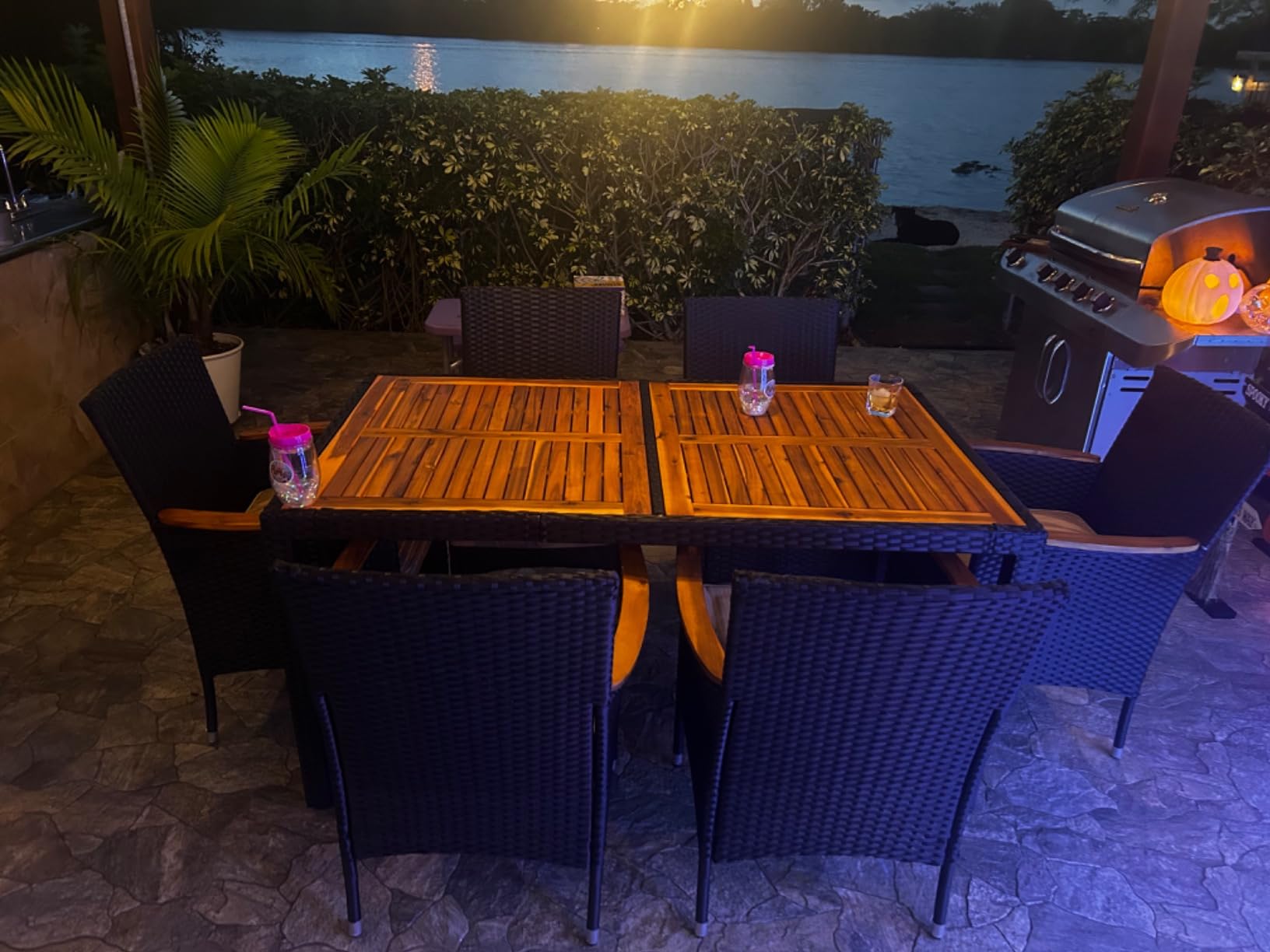 Devoko 7 PCS Acacia Wood Patio Dining Set, Black Rattan customer photo 2