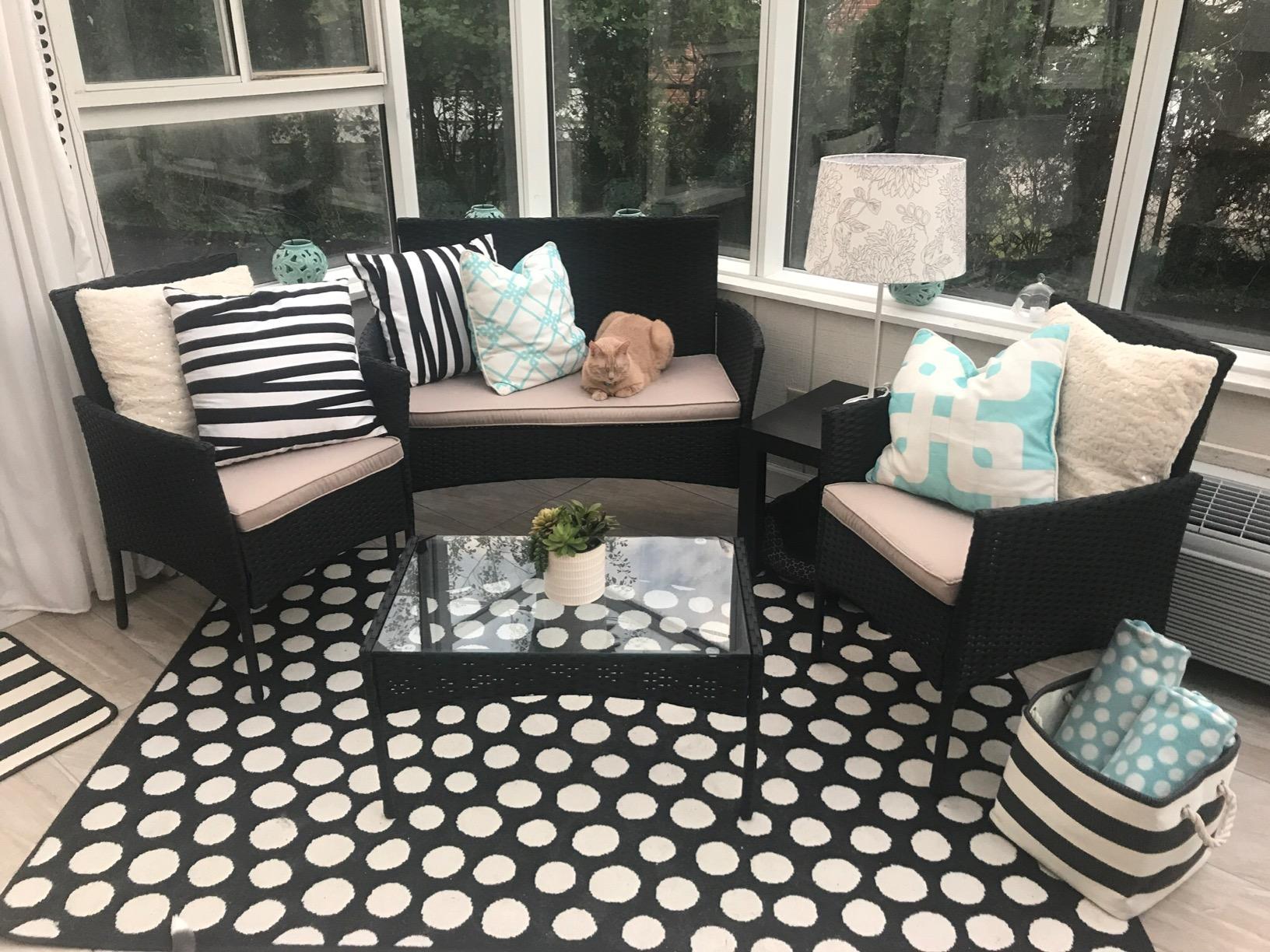 3PCS Patio Bar Set Outdoor Furniture Set Wicker Bistro Set with Two Stools for Patio Backyard Balcony,Blue Cushion customer photo 2