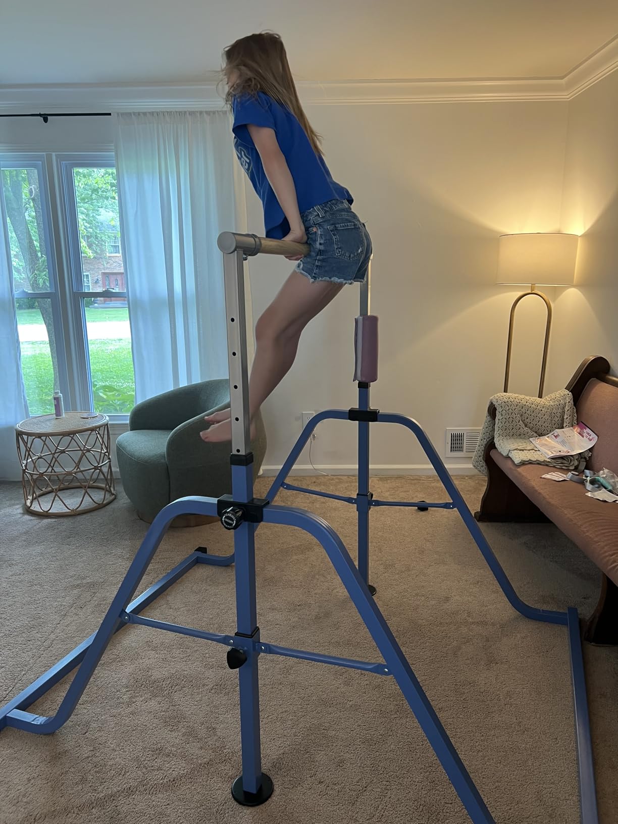 Foldable Gymnastics Kip Bar with Rings & Bar Pad, 3 FT–5 FT Adjustable Horizontal Bar for Kids, 7-Level Height, 300 LBS Weight Capacity, Indoor Home Gym Equipment customer photo 1