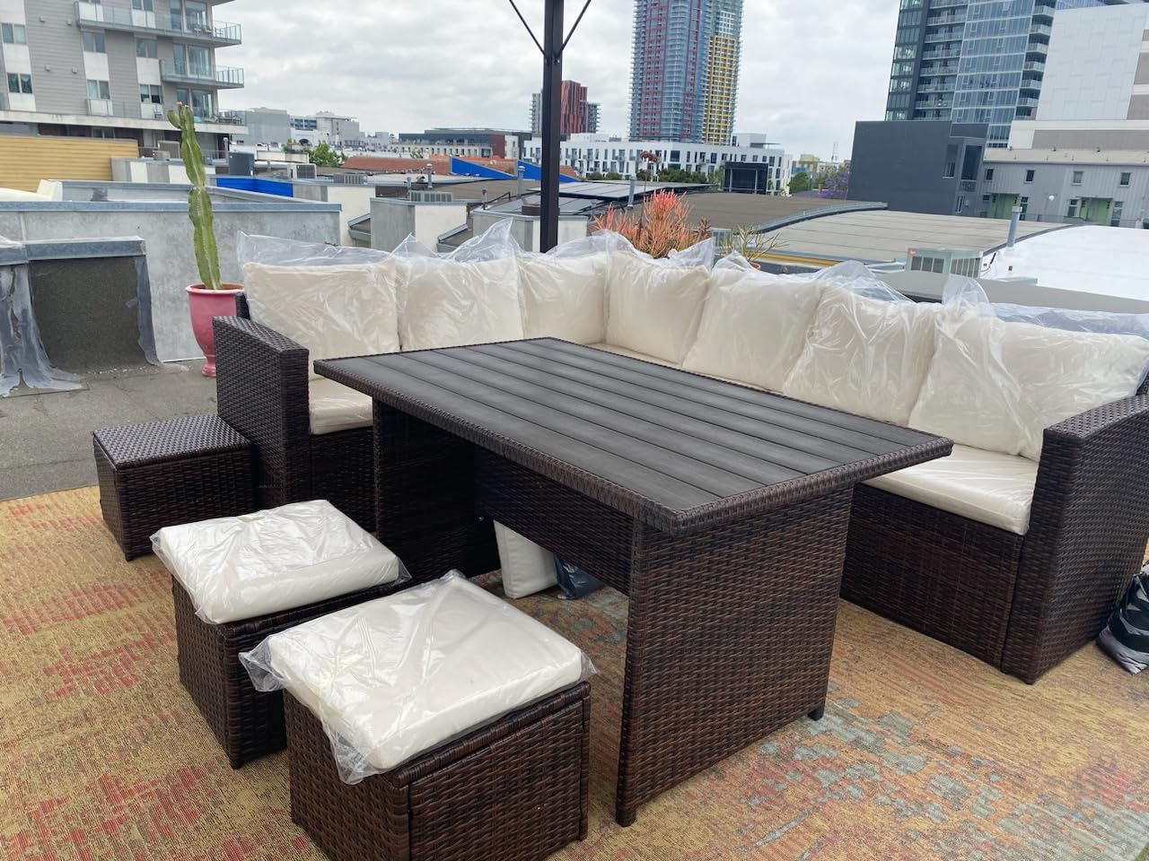 Wumiokio Patio Furniture Set, 7 Pieces Outdoor Patio Furniture with Dining Table&Chair, All Weather Wicker Conversation Set with Ottoman,Grey (Include Sofa Dust Cover) customer photo 1