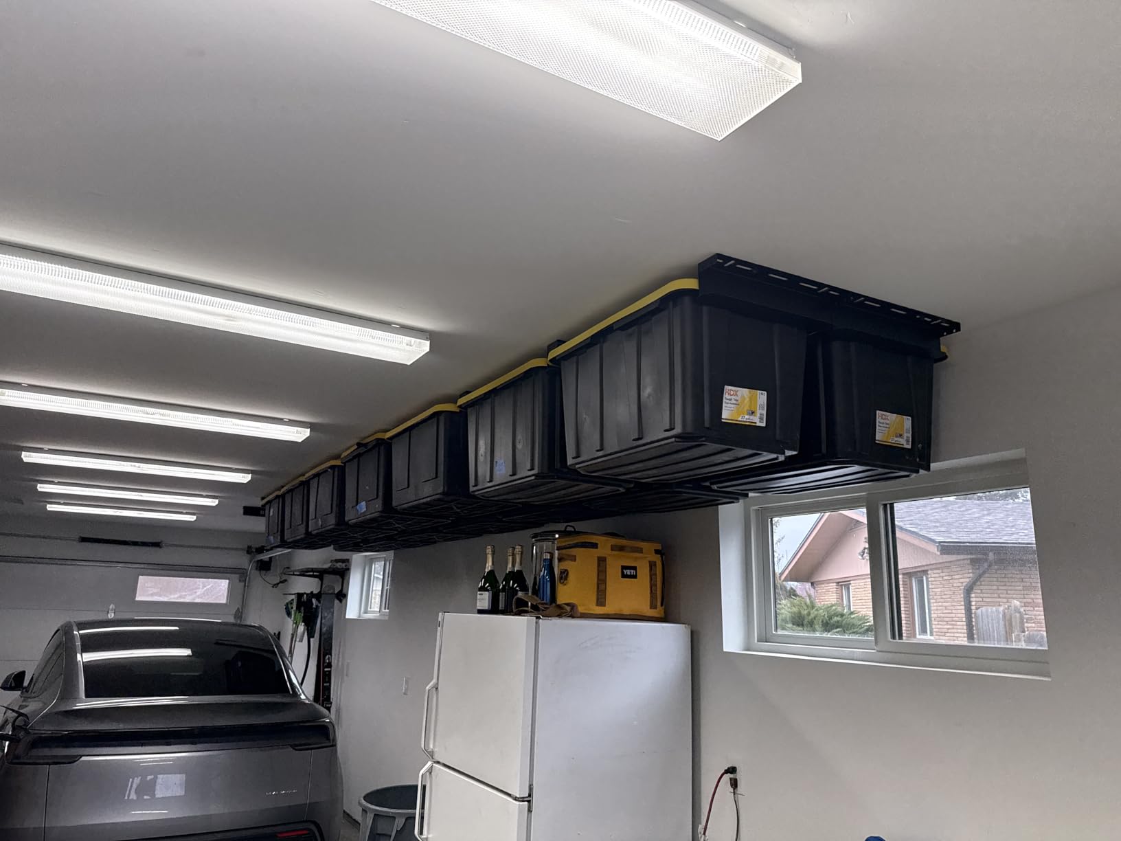 USA Based Overhead Garage Storage Rack, Connectable Heavy Duty Metal Ceiling Rails Garage Storage Organization Shelving System, Hanging Racks Tote Containers, Supports Up To 6 Bins, 4 Sets Black customer photo 2