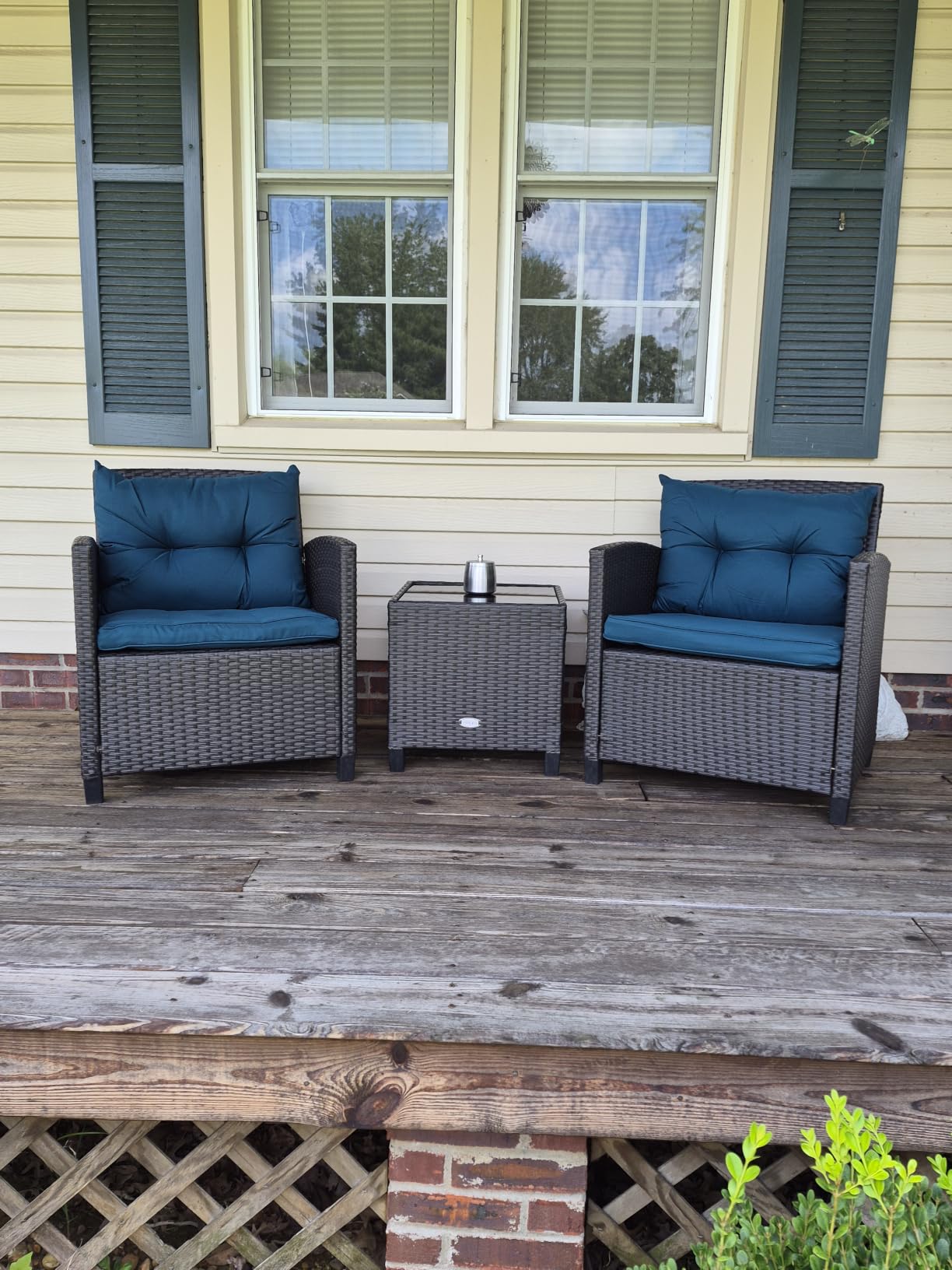Tangkula 3 Piece Patio Furniture Set, Rattan Conversation Set w/Soft Seat & Back Cushions, Tempered Glass Topped Coffee Table, Cushioned Wicker Seating Set for Backyard, Porch, Poolside (Beige) customer photo 2