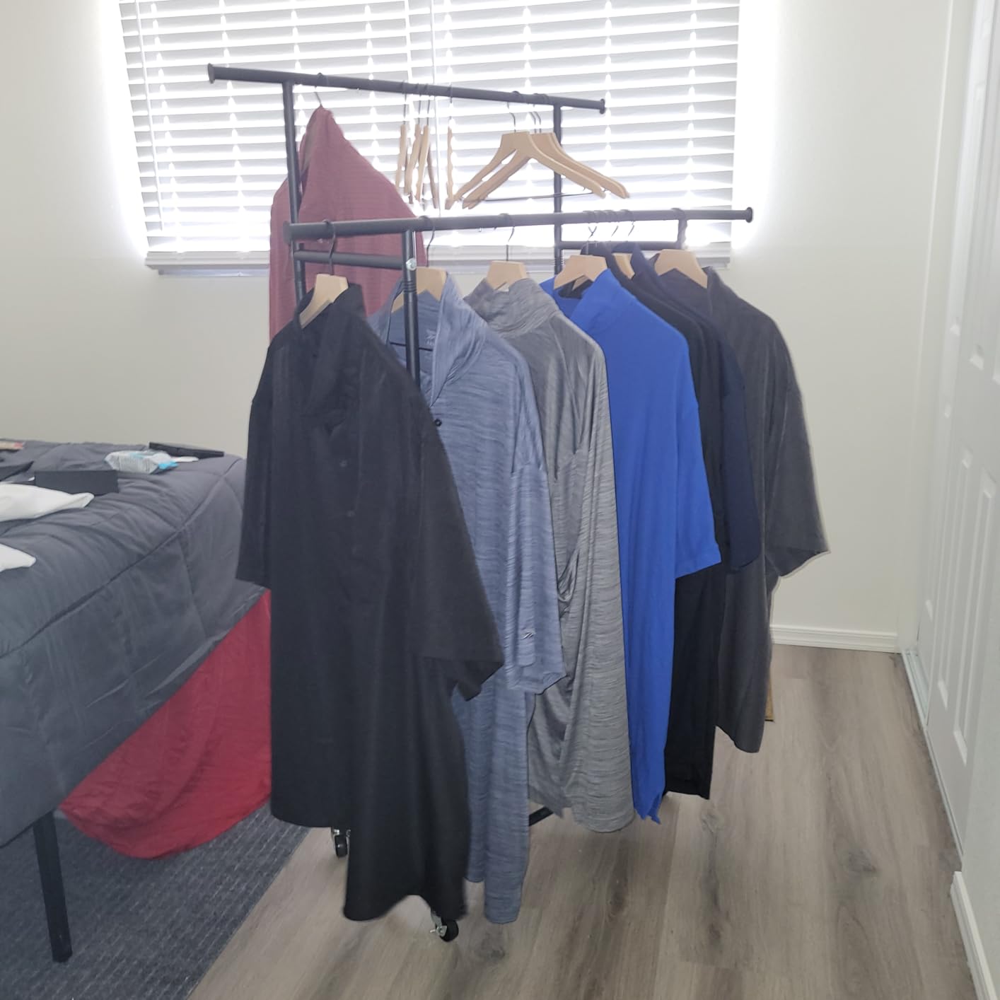 HYSEYY Double Rods Clothes Rack, Rolling Clothing Rack for Hanging Clothes Portable Wardrobe Rack, Metal Garment Rack Sturdy Coat Rack for Bedroom Laundry Living Room, Black customer photo 2