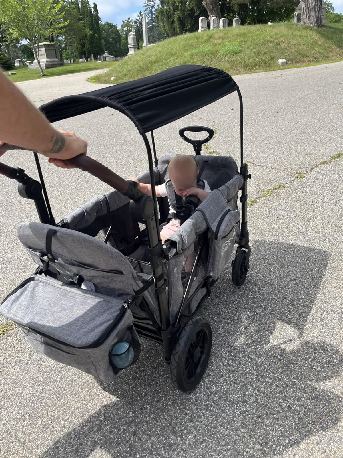 Rovique Wagon Stroller for 2 Kids,Premium Wagon for Kids with Removable Canopy, Snack Tray, Convertible Baby Bassinet, 5-Point Safety Harness, All-Terrain PU Wheels & Adjustable Push/Pull Handle,Grey customer photo 2