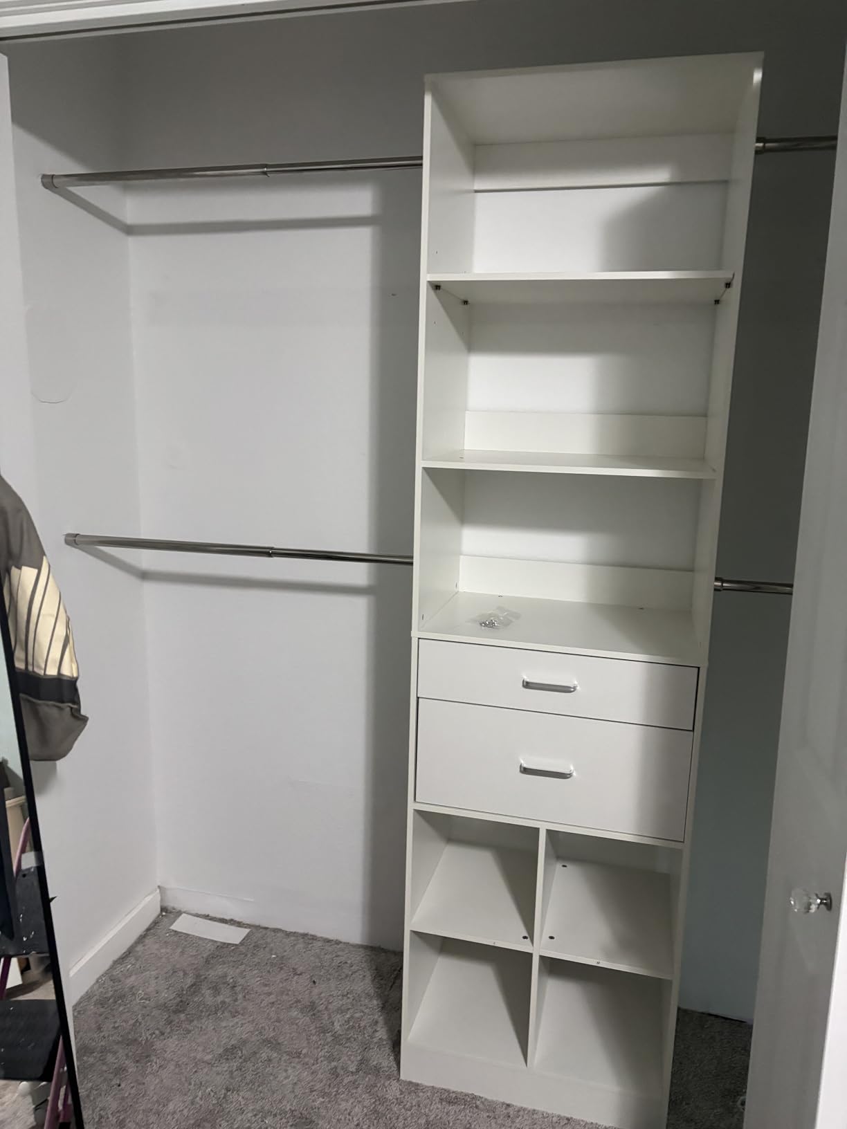 Besiost Closet System, 4-8 FT Closet Organizer Tower with 2 Wooden Drawers and 5 Hanging Rods, Can Fit 60 to 96 inch Walk-in Closet System, White customer photo 1