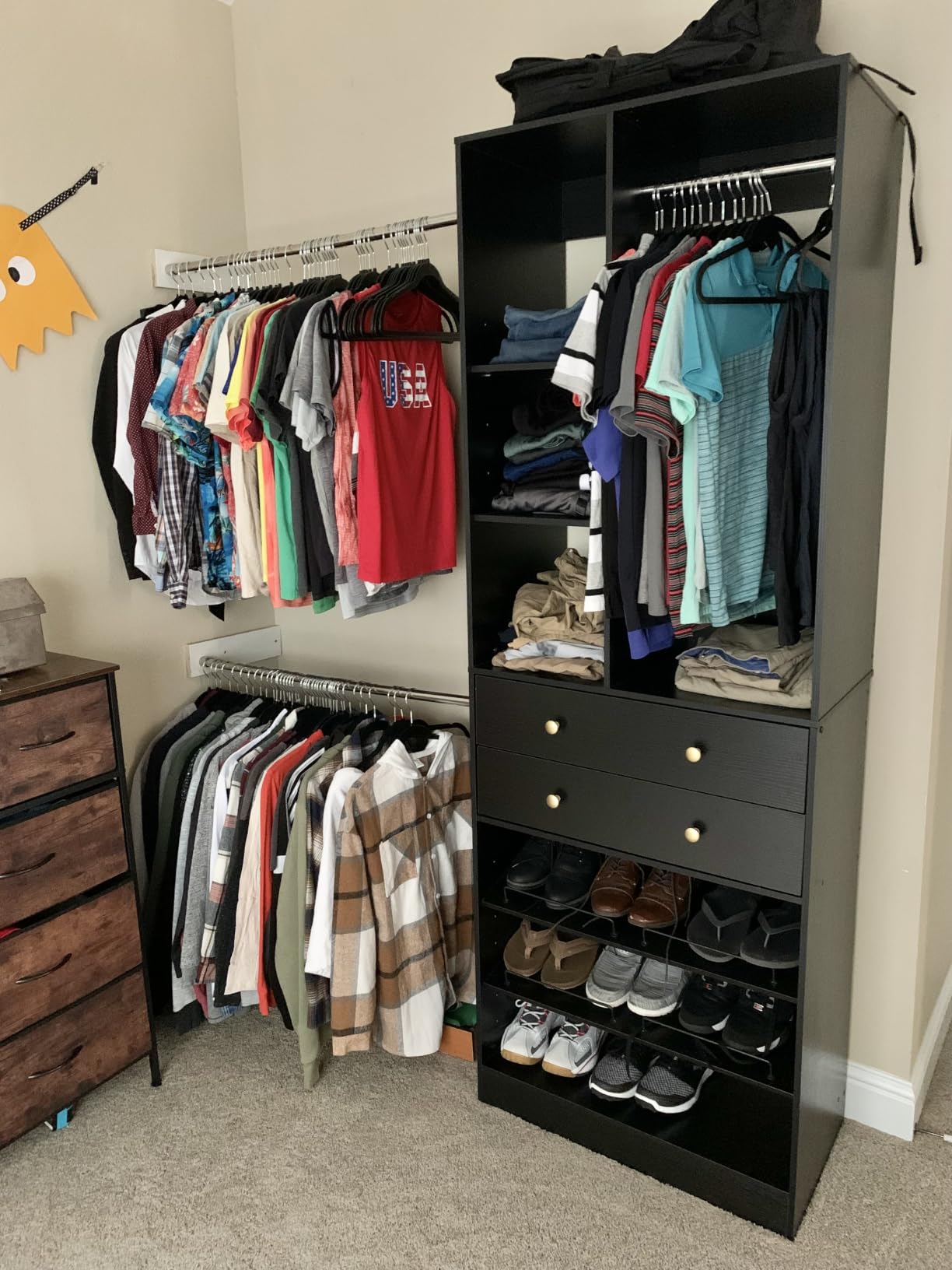 Besiost Closet System, 4.2–8.8 FT Closet Organizer with 2 Wooden Drawers and Shelves, Walk-in Closet System with 5 Hang Rods, Built-in Reach in Closet Tower, Can Fit 60 to 96 inch, White customer photo 2