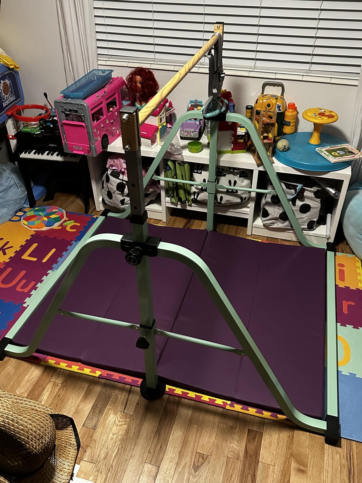 GLANT Foldable&Movable Gymnastics Kip Bar with MAT and Ring Set, 3' to 5' Height Adjustable,Horizontal Bar for Kids Girls Junior,GymEquipment for Indoor and HomeTraining- Max Load 300LBS customer photo 1
