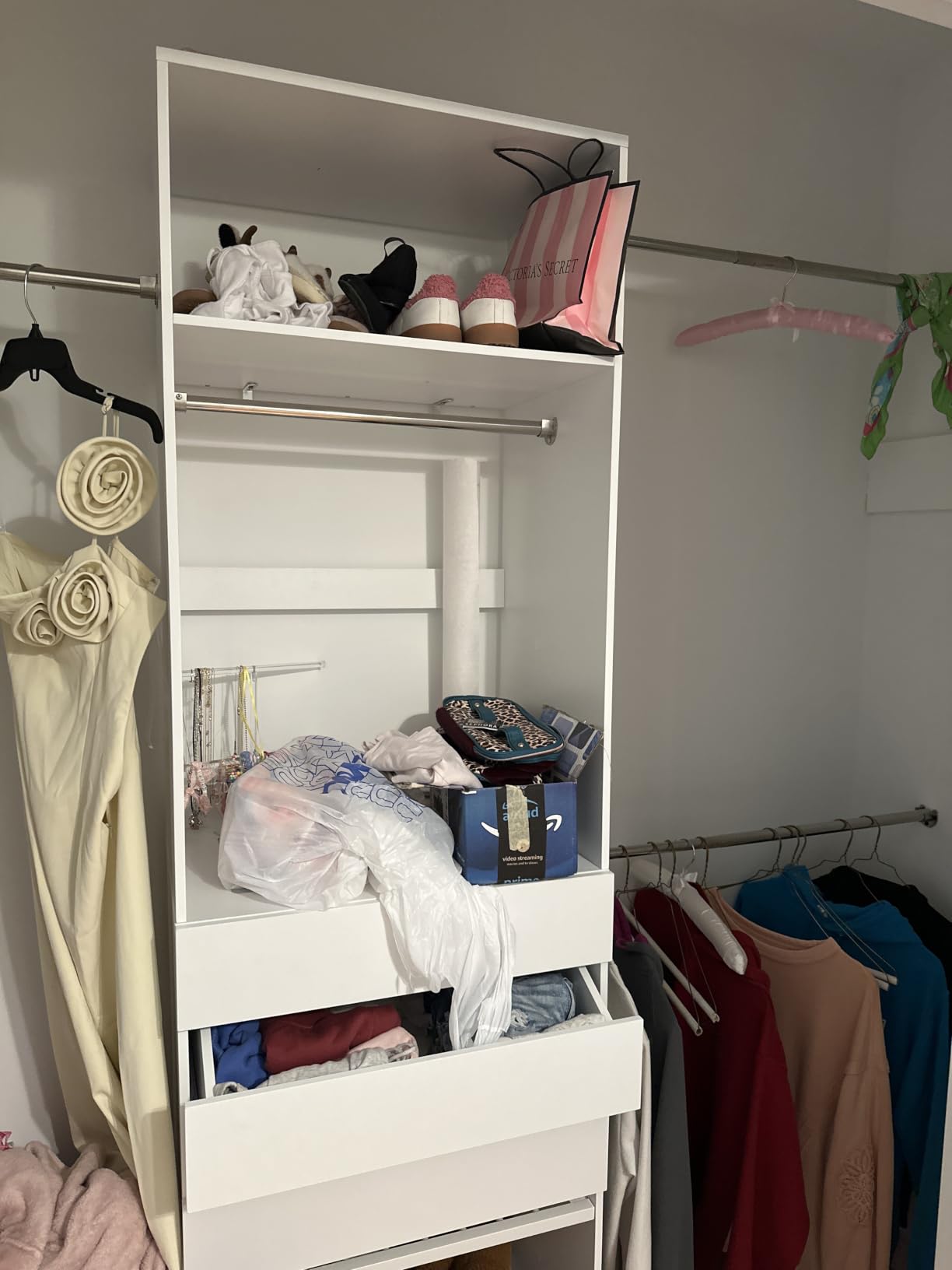 Closet System, 5.7-10.4FT Closet Organizer System with 6 Wood Drawers & LED Glasstop, Wood Walk-in Closet with 10 Hanging Rods & Trouser Rack, Built-in Wardrobe Garment Rack with Shelves & Tower,White customer photo 1
