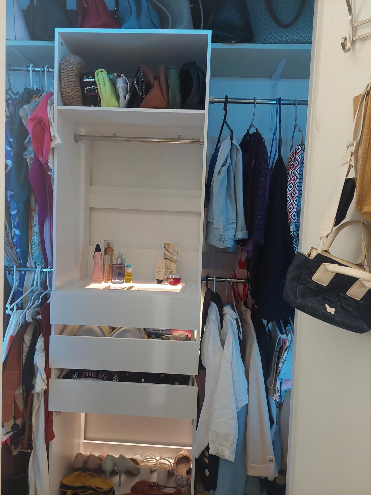 Closet System, 5.7-10.4FT Closet Organizer System with 6 Wood Drawers & LED Glasstop, Wood Walk-in Closet with 10 Hanging Rods & Trouser Rack, Built-in Wardrobe Garment Rack with Shelves & Tower,White customer photo 2