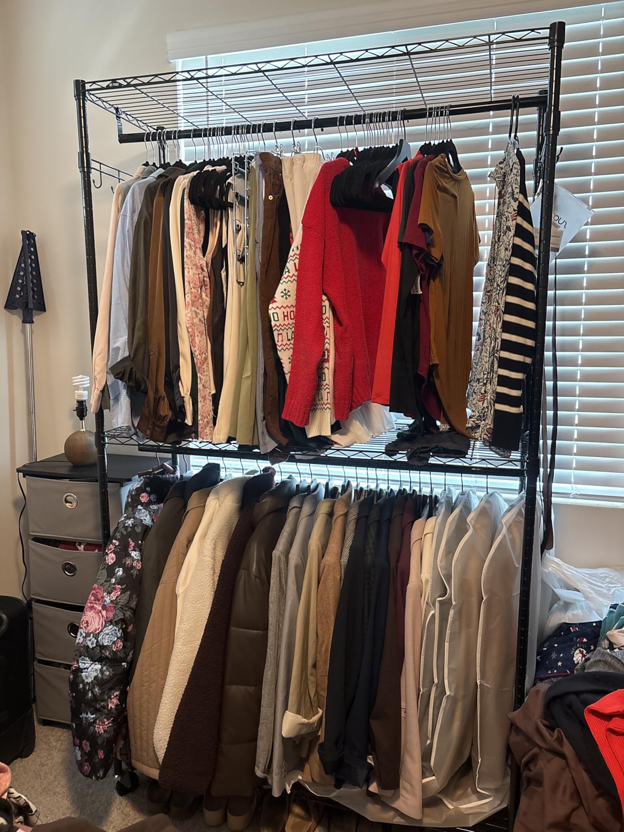 MZG Closet Organizer System, Freestanding Closet Storage System with Expandable Hanging Rod & Wire Shelves, No-Drill Closet Kit for Small Spaces, Bedroom & Apartment (13.8