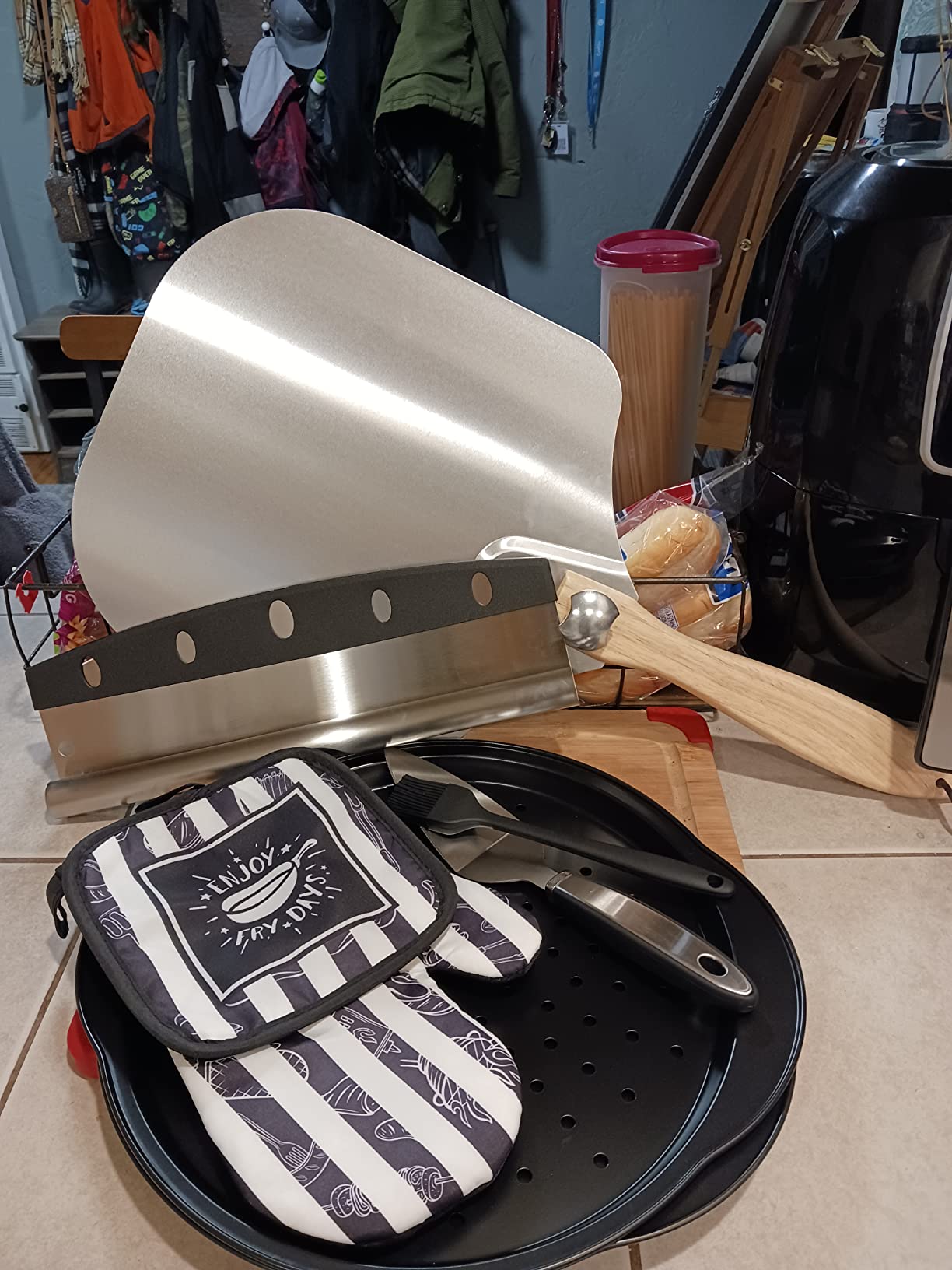 Pizza Peel Pizza Pan Set, 7Pcs Pizza Oven Accessories, 12 Inch Metal Paddle (12