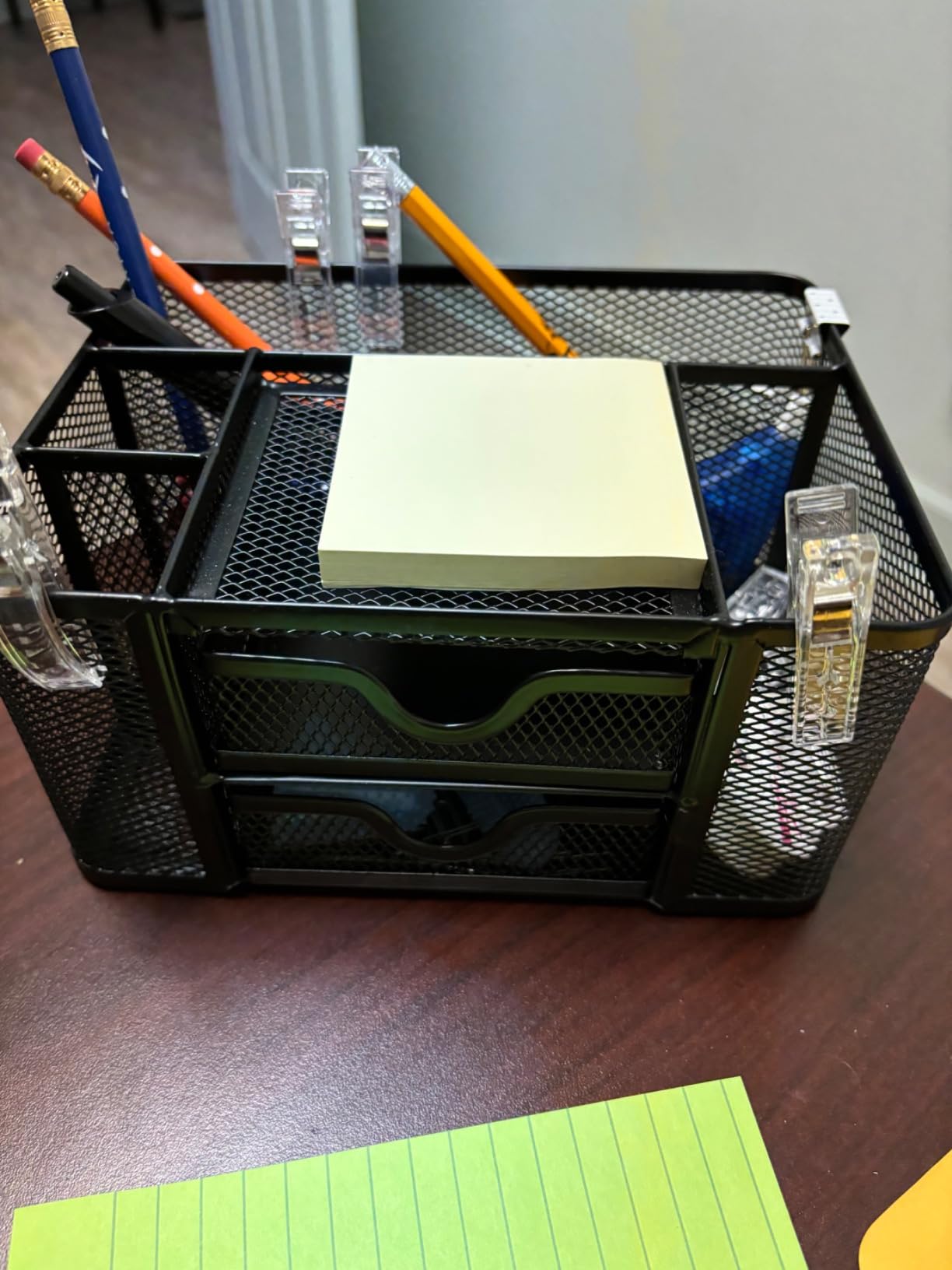 Marbrasse Mesh Desk Organizer, Pen Organizer with 2 Drawer, Multi-Functional Pencil Holder, Desk Organizers and Accessories with 5 Compartments + Drawer for Office Art Supplies (Black) customer photo 2