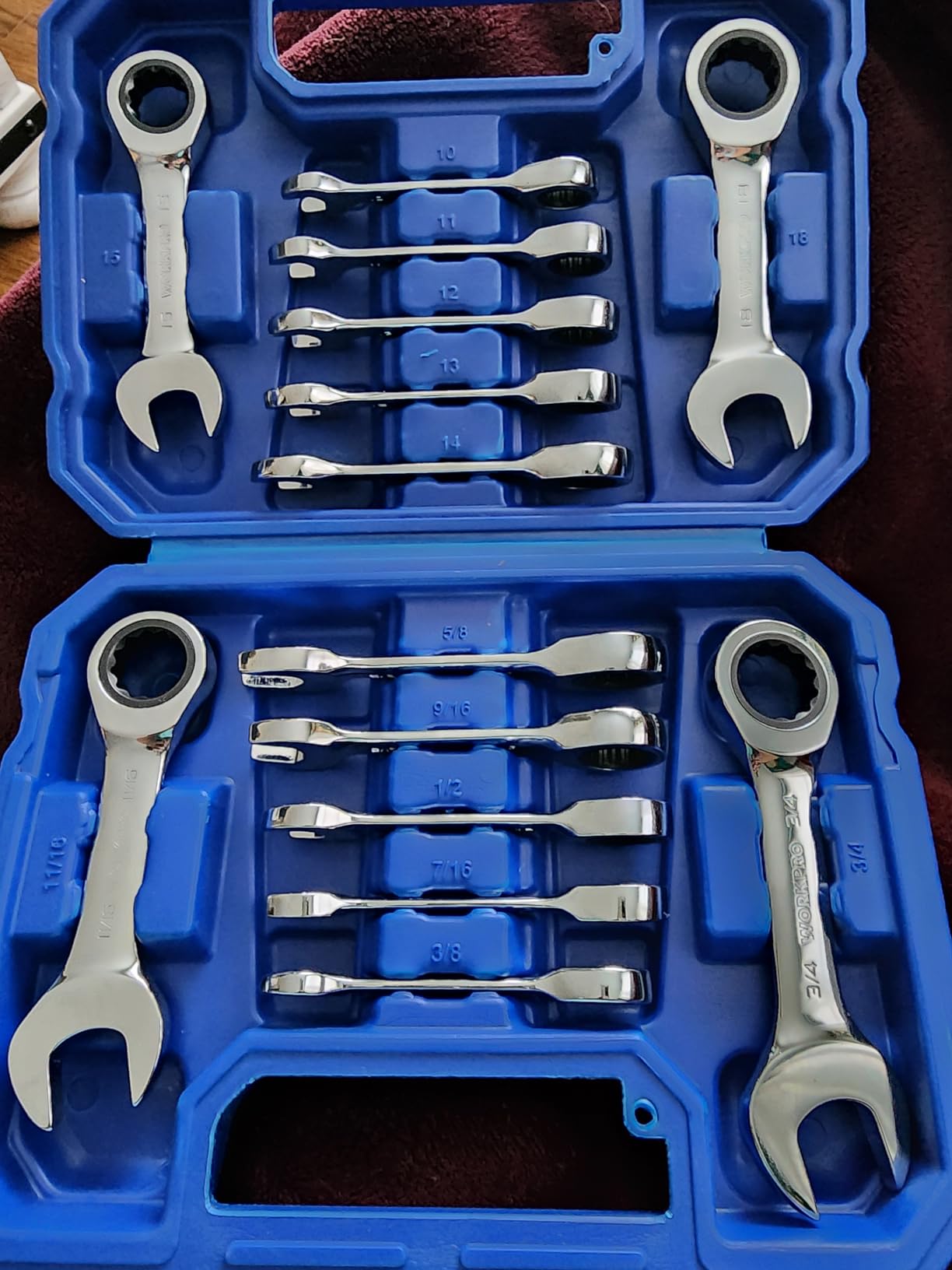 WORKPRO 14-Piece Ratcheting Combination Stubby Wrench Set, 72 Teeth, Combo Ratchet Wrenches Set with Organizer Box, SAE 3/8-3/4