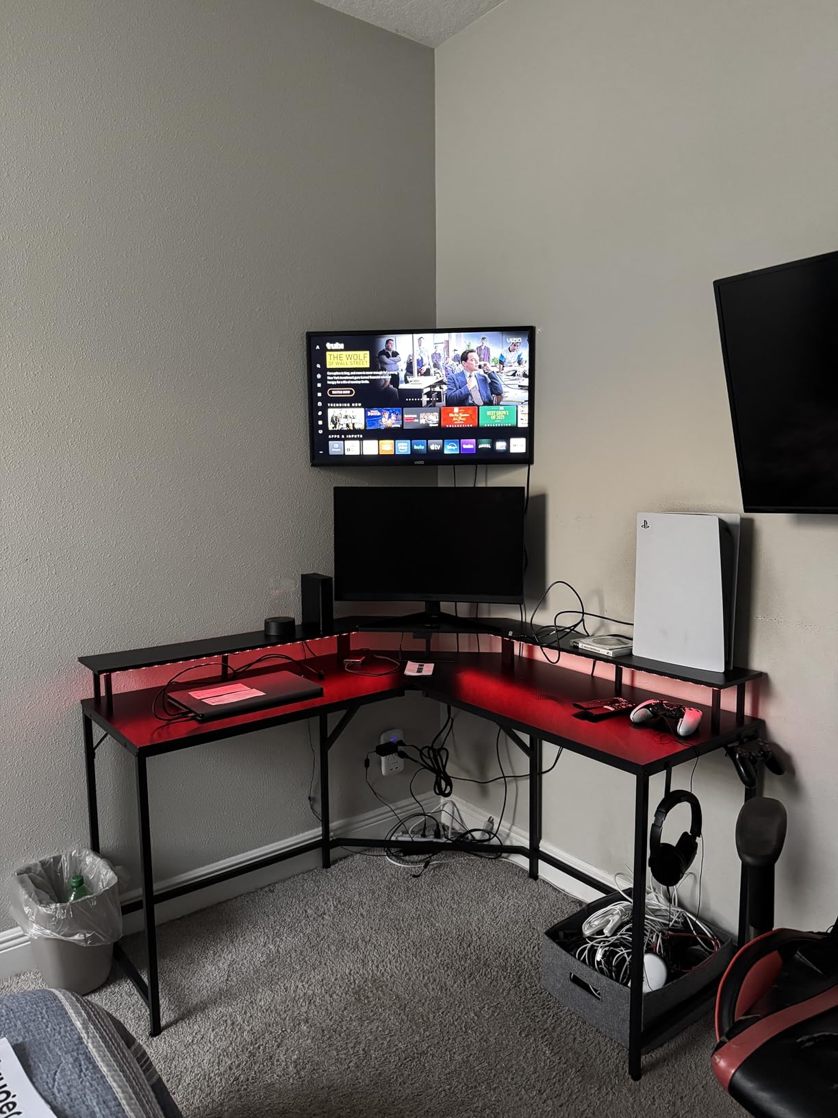 Huuger L Shaped Gaming Desk with Power Outlets & LED Lights, Computer Desk with Monitor Shelves, Home Office Desk, Corner Gaming Desk with Hooks, Black customer photo 1