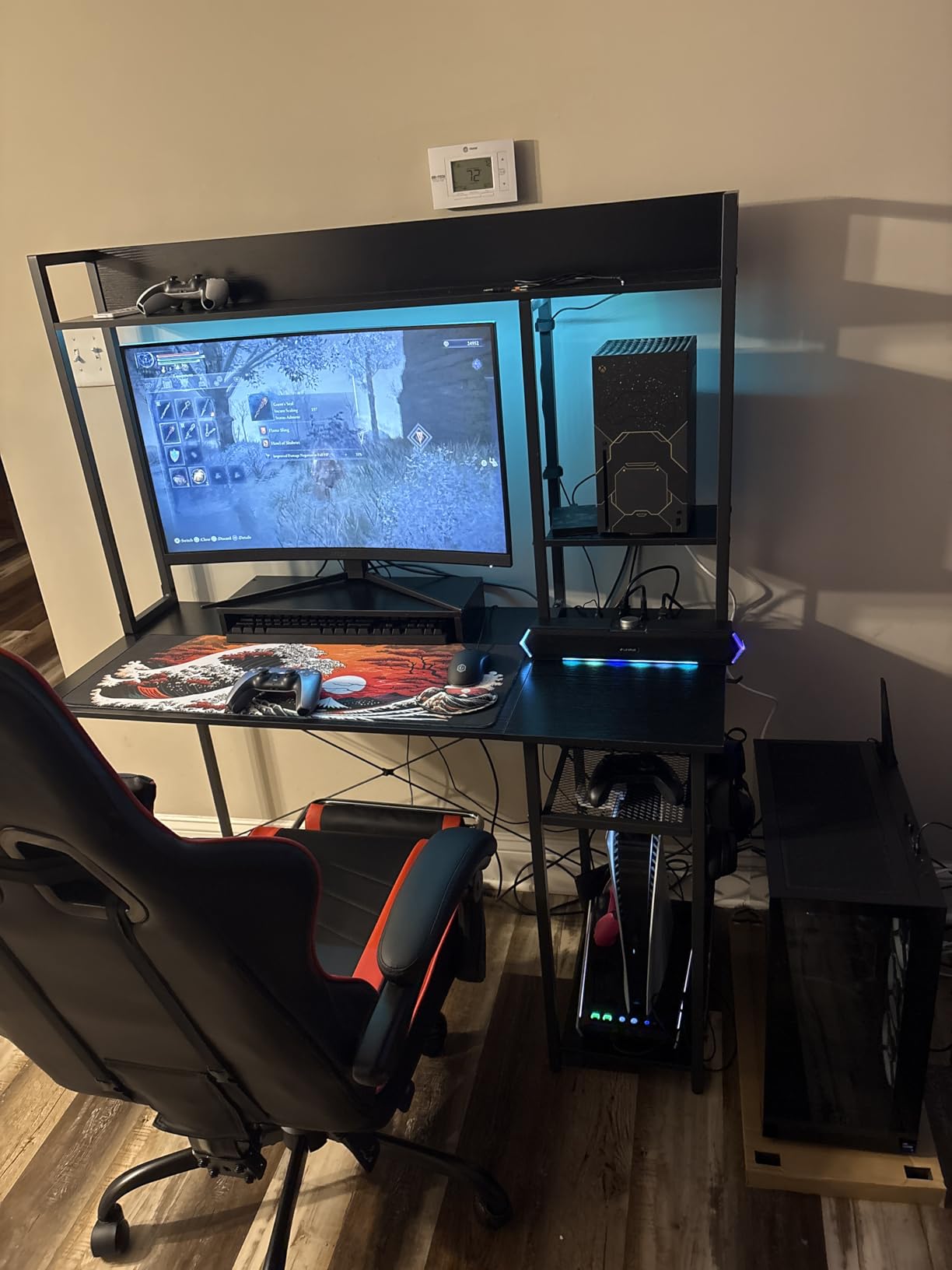 Cyclysio Gaming Desk with Hutch, 39'' Computer Desk with LED Lights & Power Outlets, Home Office Desk with Reversible 5 Tiers Storage Shelves & Monitor Stand, Small Gaming Table for Small Space, Black customer photo 1