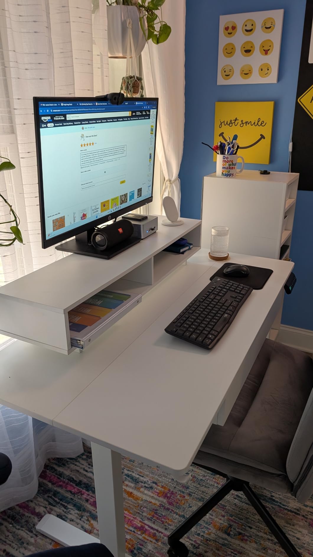 GTPLAYER Electric Standing Desk with Drawers, 48 x 24 Inch Height Adjustable Gaming Desk with Monitor Stand, Power Outlets & LED Lights, Home Office Sit Stand Up Desk with Memory Preset (White) customer photo 1